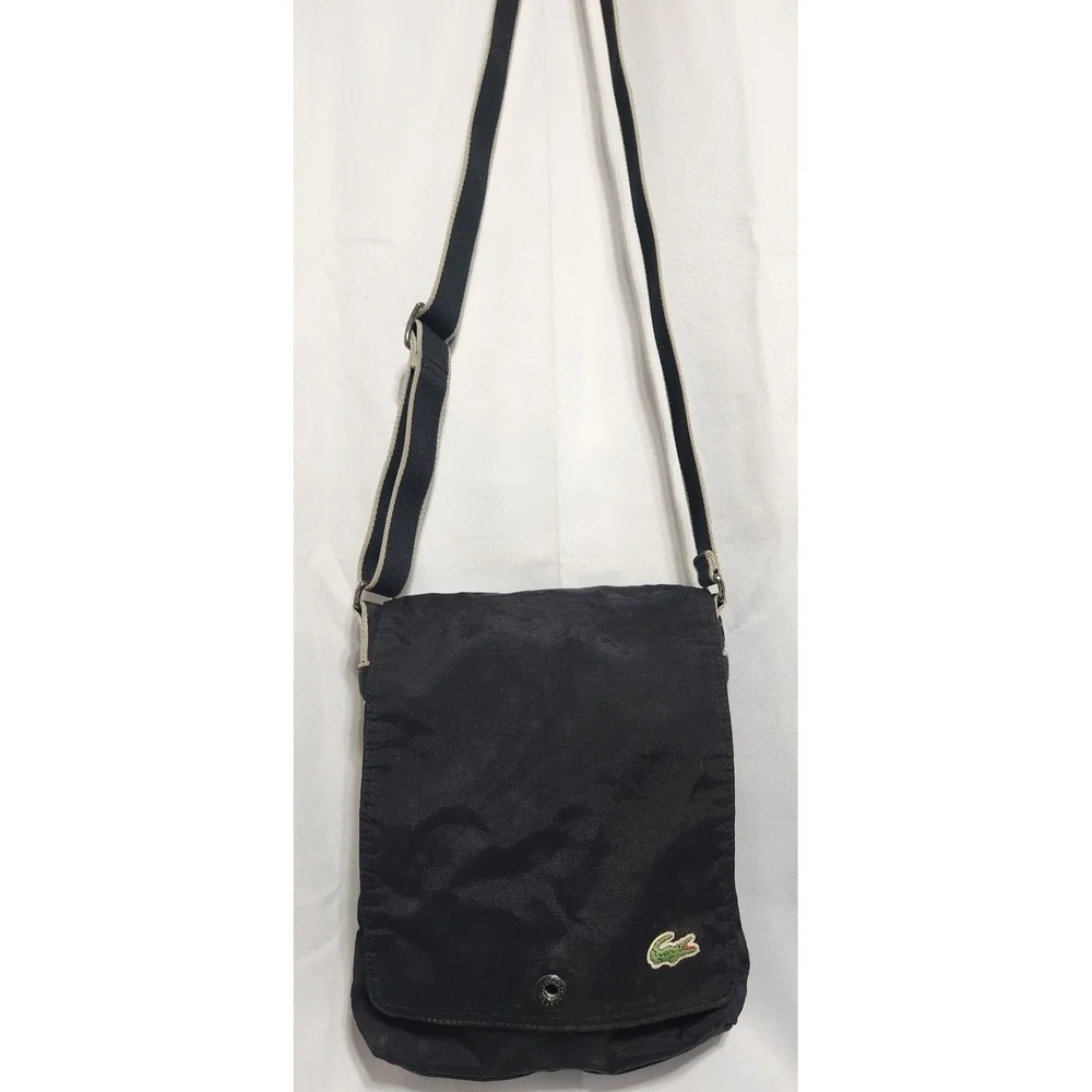 Lacoste Messenger Bag Black Canvas Crossbody Flap Over Sporty Crocodile‎ Logo